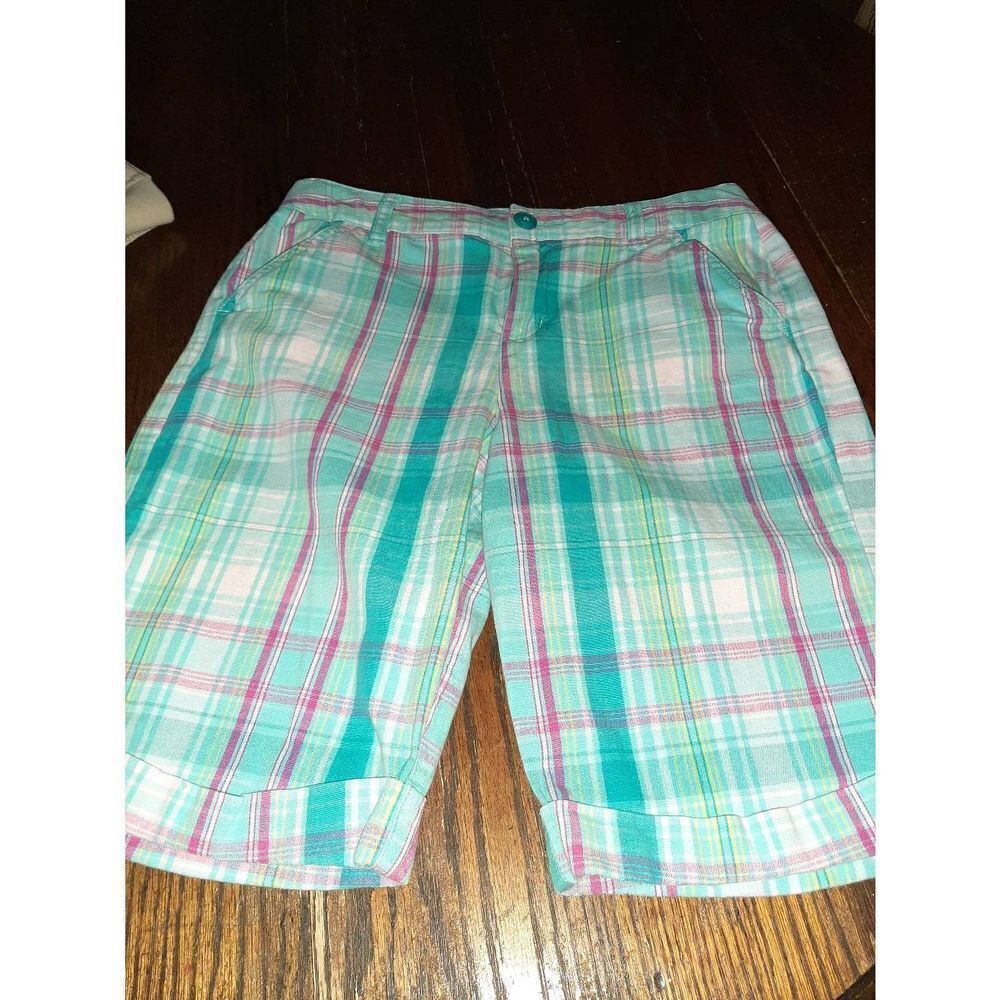 Girls Size 16 J Khaki Plaid Bermuda Long Shorts With Pockets Blue Pink Yellow
